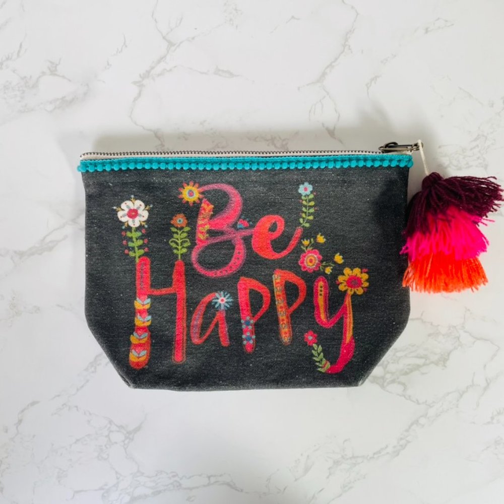 Natural Life Boho 'Be Happy' Pom Pom Floral Canvas Zipper Cosmetic Pouch Bag - Picture 2 of 6